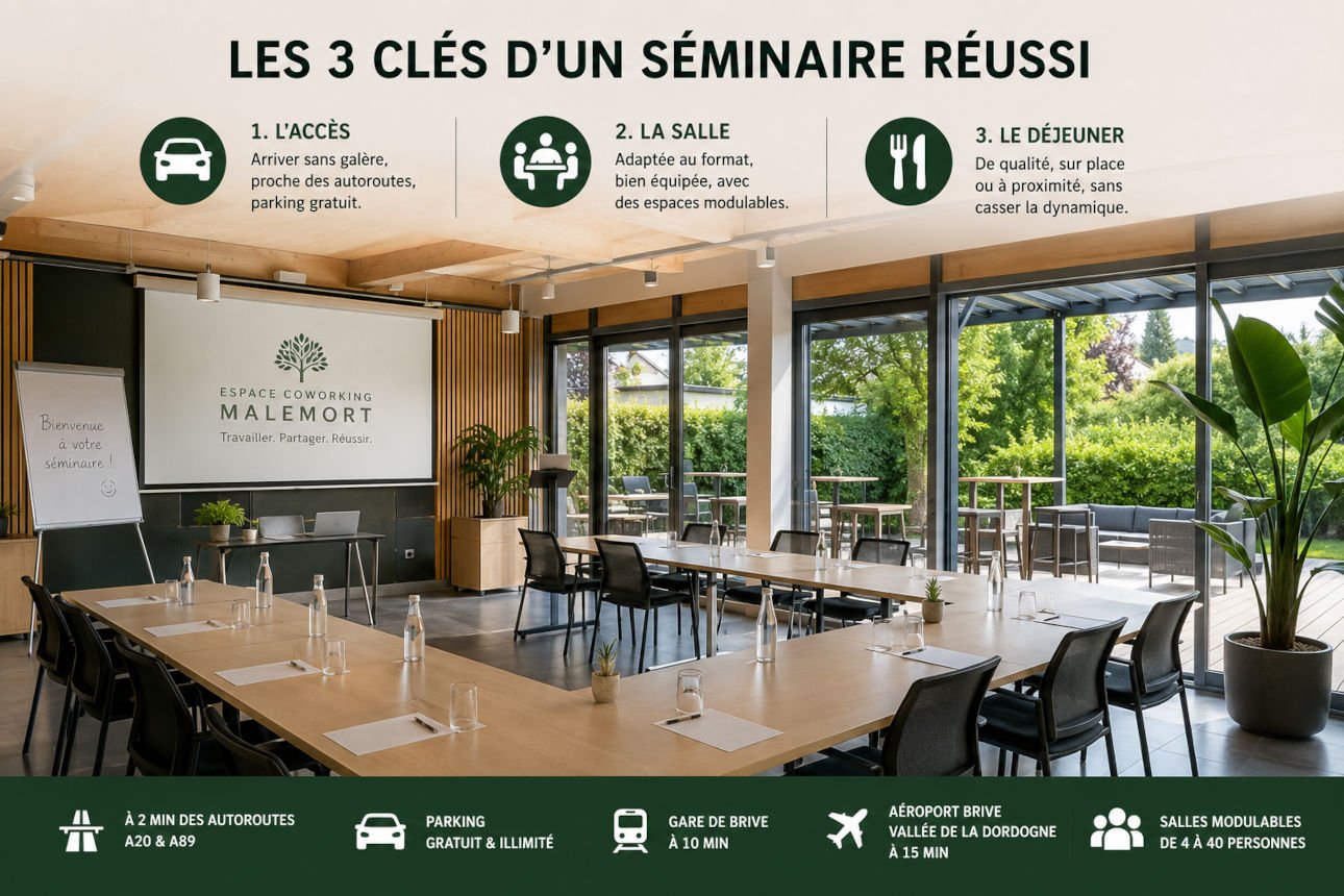 Salle de séminaire moderne et lumineuse à l’Espace Coworking Malemort, avec tables modulables, vidéoprojecteur et terrasse, illustrant les trois clés d’un séminaire réussi : accès facile, salle adaptée et restauration.