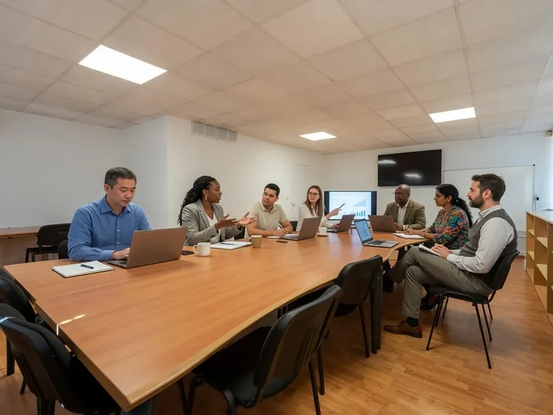 Grande salle de réunion Ginkgo avec chaises rouges autour de plusieurs tables en U en réunion 4 personnes - Espaces Coworking Malemort