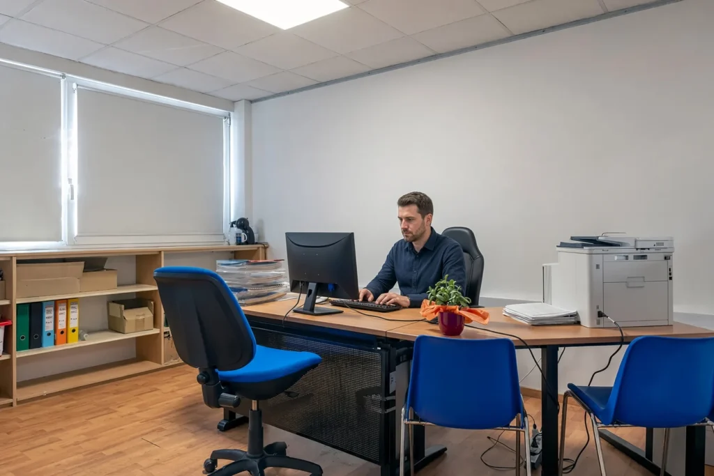 Bureau d'angle Lantana avec 2 fauteuils et 2 personnes au travail - Espace Coworking Malemort