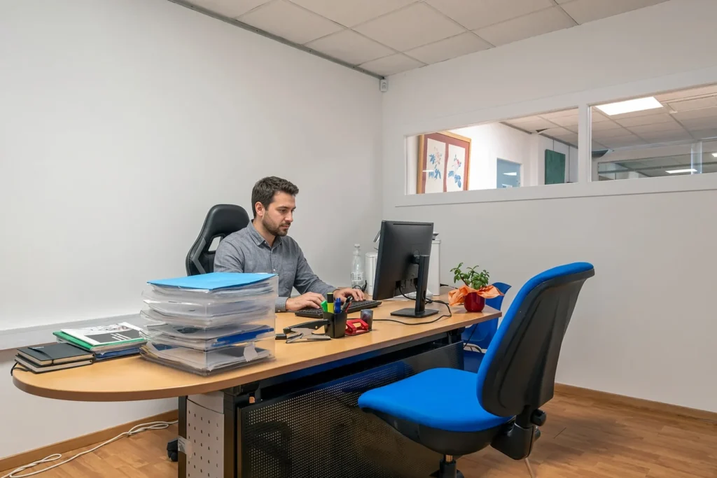Bureau d'angle Lantana avec 2 fauteuils et 2 personnes au travail - Espace Coworking Malemort