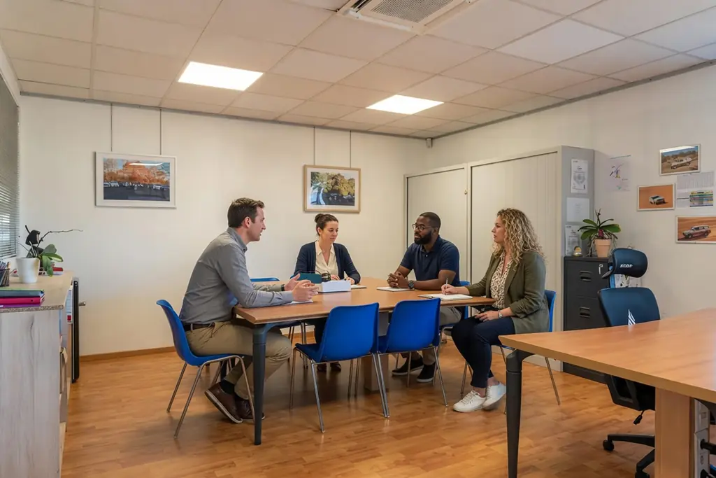 Bureau Olea, 2 bureaux avec fauteuils et chaises avec personnes autour d'une table - Espace Coworking Malemort